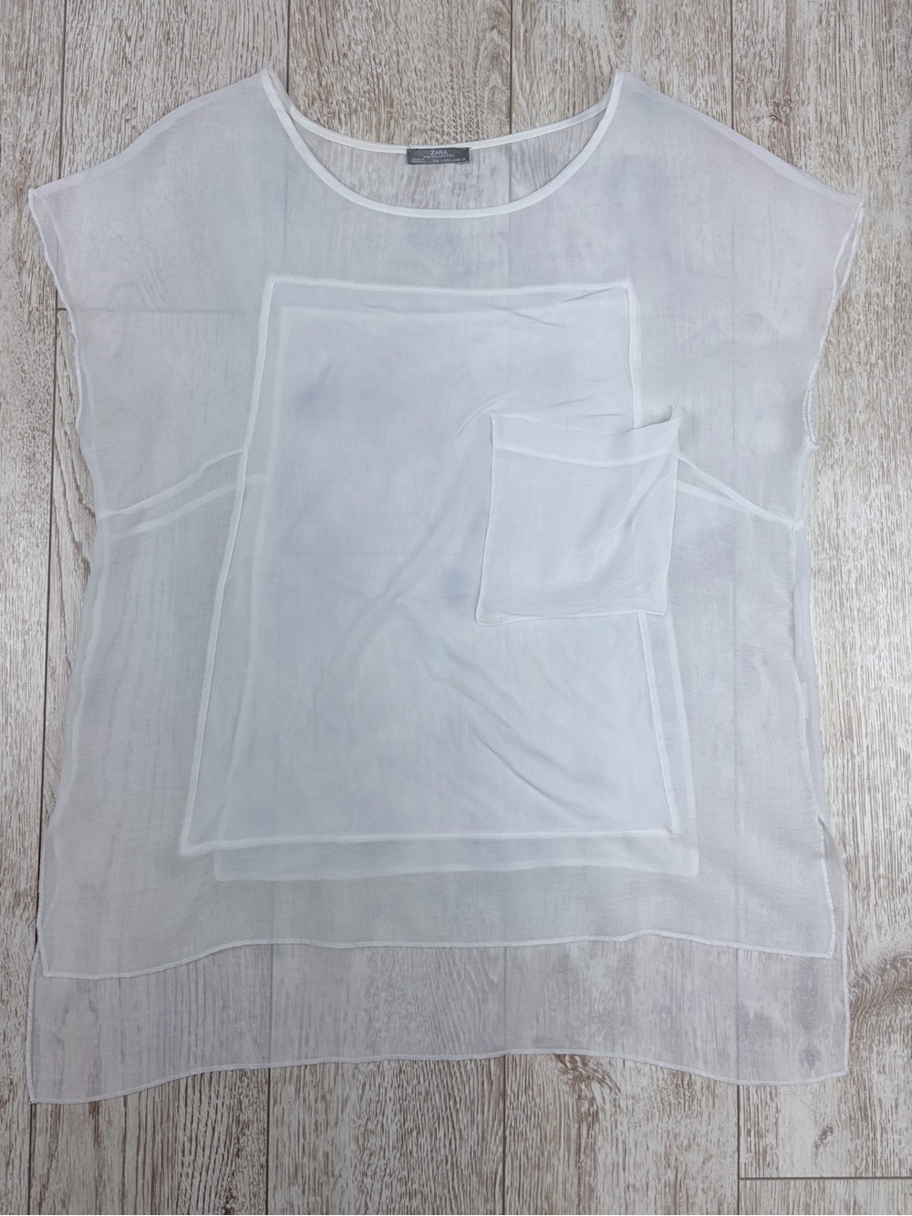 ZARA L Sheer White Overlay Pocket Women's Top